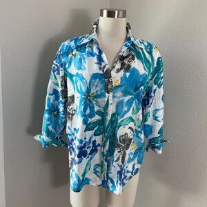 Lauren Ralph Lauren Womens Large Petite 100% Linen Floral Button Up Shirt Blouse